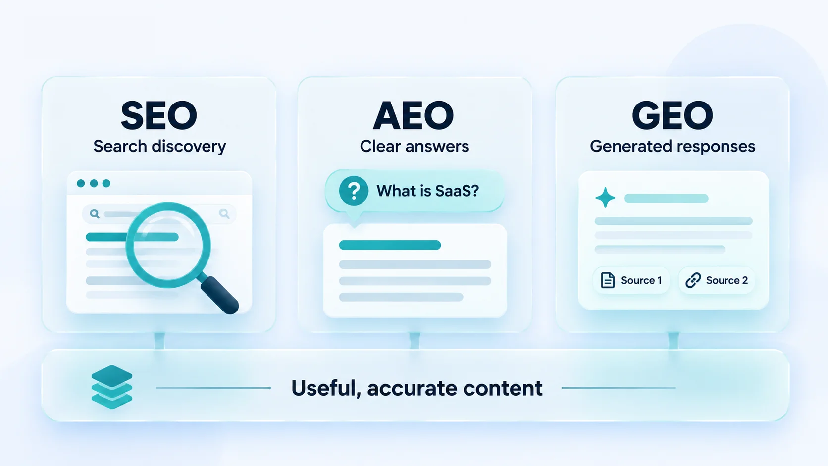 SEO, AEO, and GEO share useful, accurate content while emphasizing discovery, answers, and generated responses.