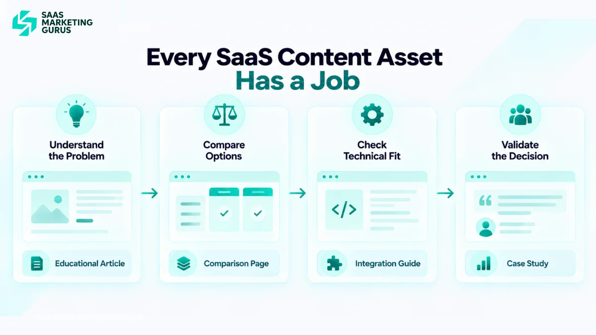 SaaS content strategy showing how educational articles, comparison pages, integration guides, and case studies support different buyer research needs.