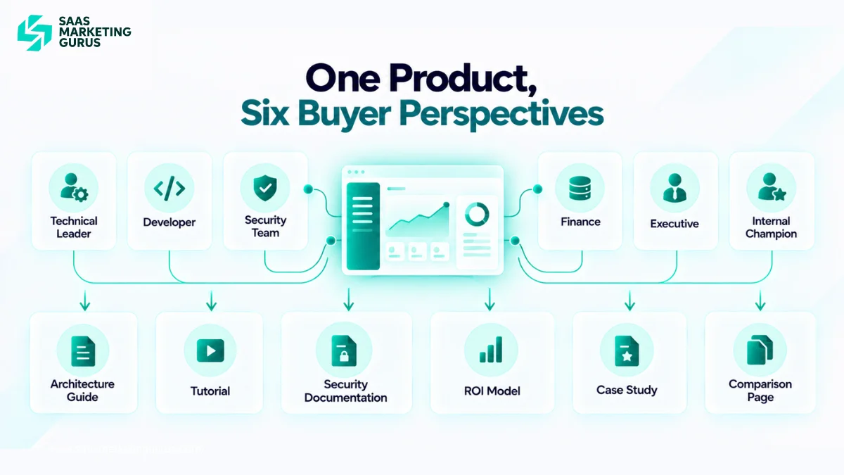Six B2B technology buyers matched with useful SaaS content formats, including architecture guides, tutorials, security pages, ROI models, and comparisons.
