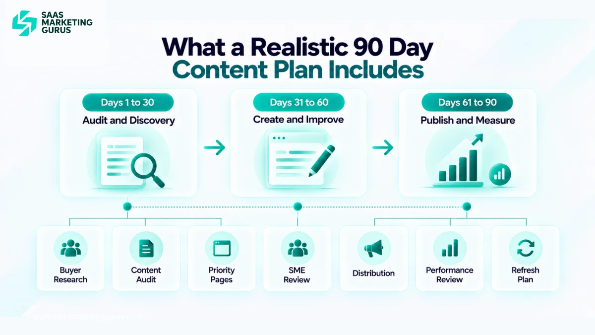 First 90 day plan for a SaaS content creation company covering content audits, buyer research, production, technical review, publishing, measurement, and refresh planning.