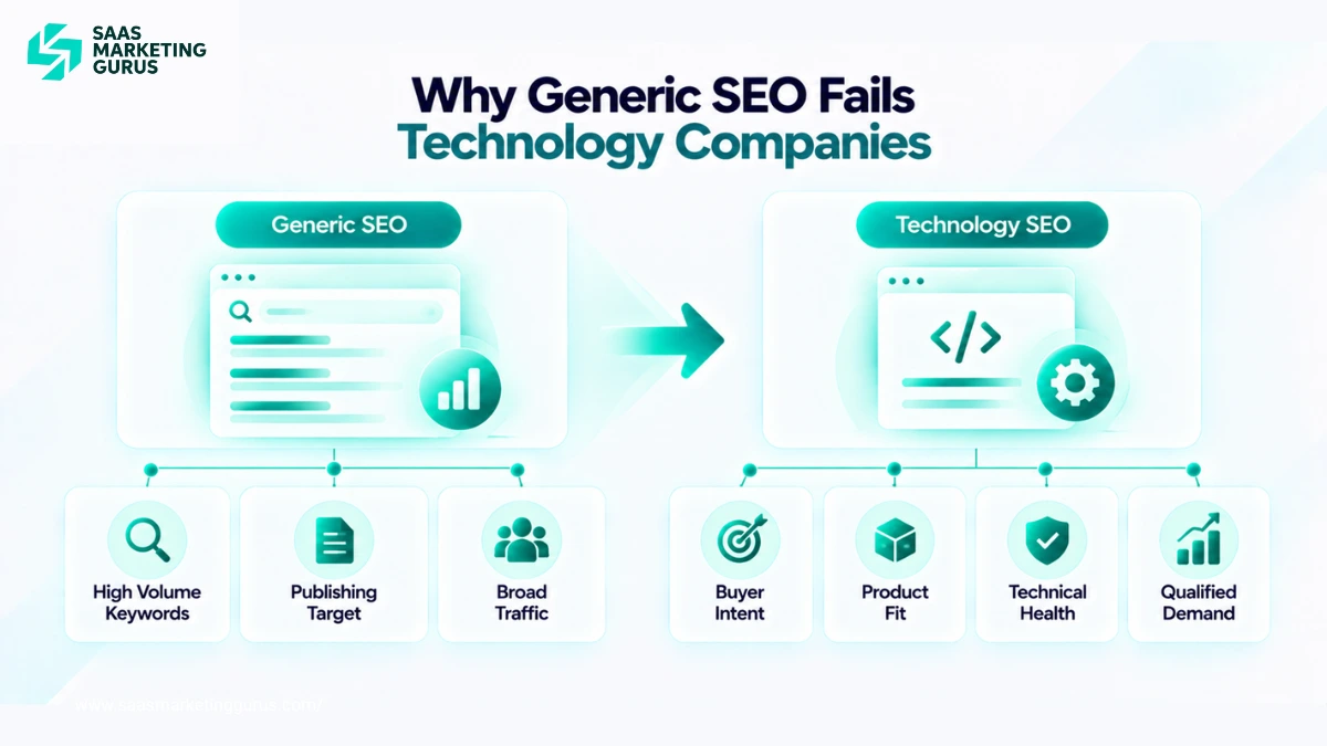 Comparison of generic SEO and technology company SEO based on broad traffic, buyer intent, technical health, product relevance, and qualified demand.
