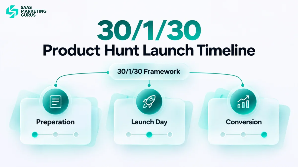 30 day Product Hunt launch timeline showing SaaS preparation, launch day activities, and post launch conversion steps