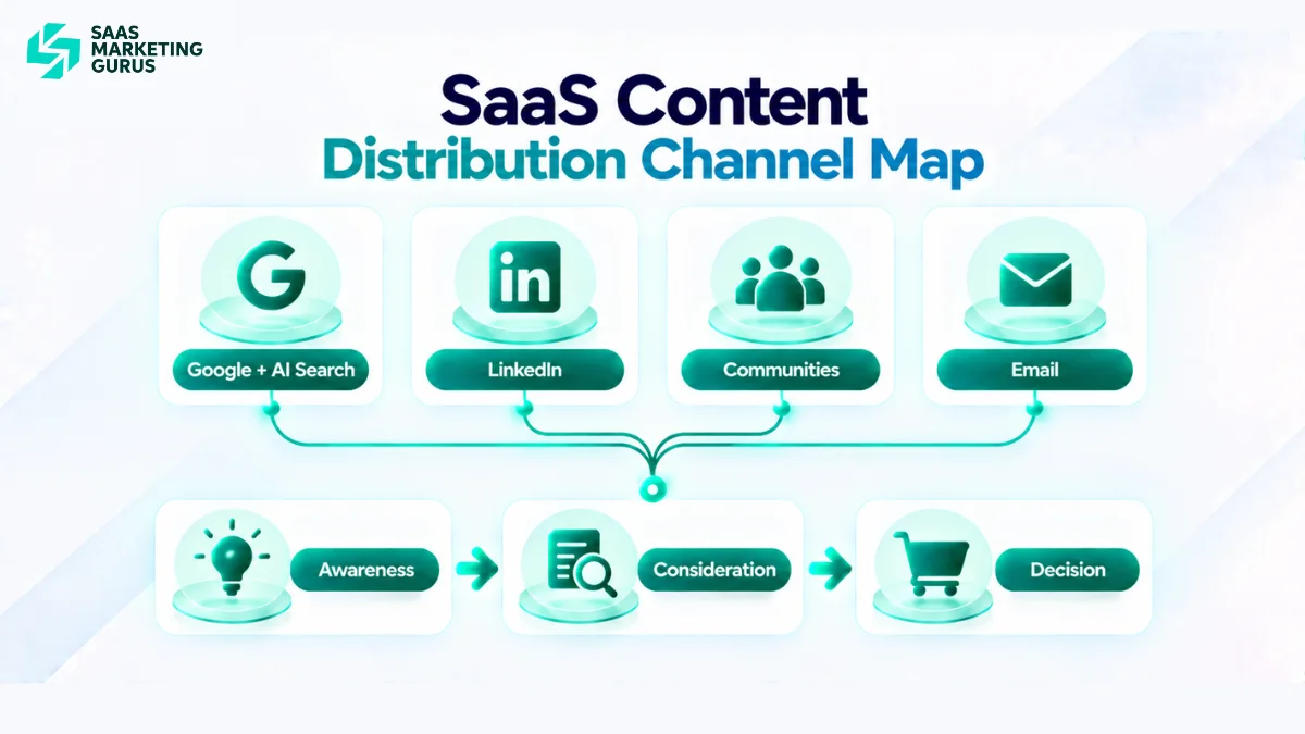 SaaS content distribution map showing how Google, LinkedIn, communities, and email support different buyer journey stages