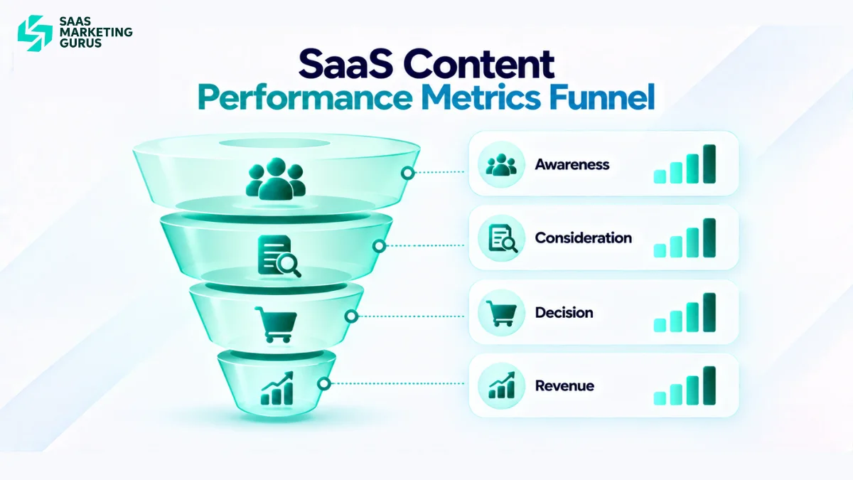 SaaS content marketing metrics funnel showing awareness, consideration, decision, and revenue measurement stages